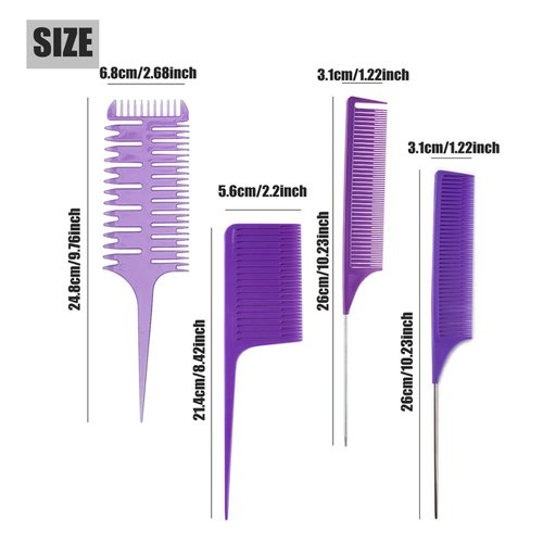Hair Styling Comb,Highlighting Professional Styling Comb Metal Rat Tail Teasing Comb Dyeing Comb Foiling Comb for Home Hairstylist Barber Styling Weaving (4 Pcs Purple)