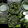 Video Game Party Decorations - 81Pcs Green Gaming Birthday Decorations Includes Game On Plates, Napkins, Tablecloth for Boys Level Up Birthday Decorations Game On Party Supplies, Serve 20