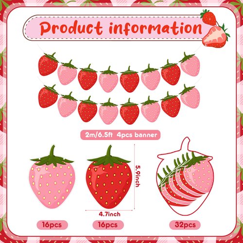 Lewtemi 4 Pcs Berry First Birthday Decor Strawberry Baby Shower Decorations Strawberry Hanging Banner Berry Garland for Strawberry Themed Party Favors Supplies(Red, Pink)