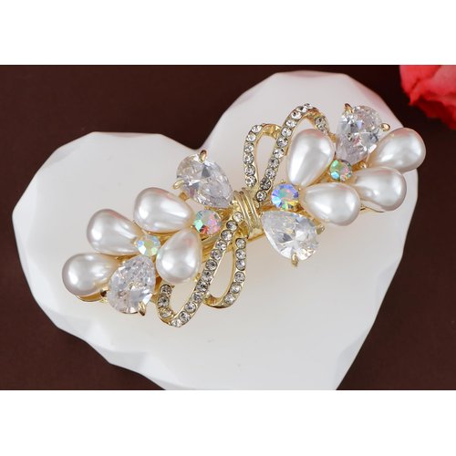 Alilang Baroque Style Pearl Golden Tone Hairpin Bow Tie Crystal Rhinestone Hair Barrette Clip