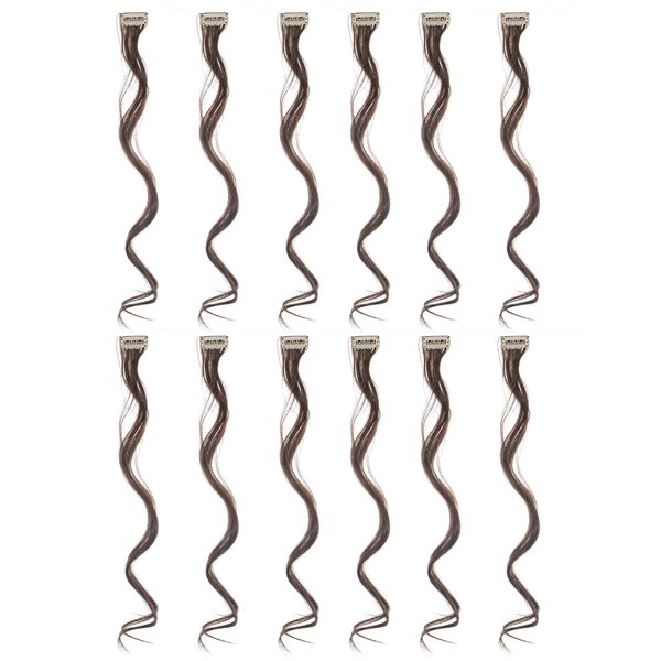 SWACC 12 Pcs Curly Wavy One Color Party Highlights Clip on in Hair Extensions Colored Hair Streak Synthetic Hairpieces (Dark Brown-4#)