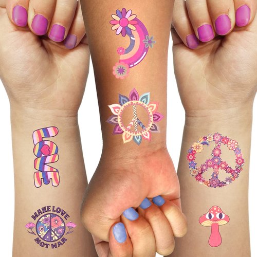 Hippies Temporary Tattoos 70's Love and Peace Summer Mixed Styles Tattoos Stickers Birthday Party Decorations Favors for Kids Girl Women Hand Wrist Body Art (79 Styles)