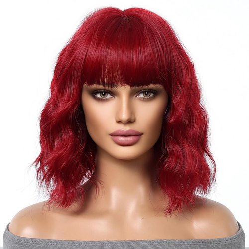 MAGQOO Wine Red Wigs for Women Burgundy Bob Wigs with Bangs Shoulder Length Curly Wavy Dark Red Wigs for Girls Costume Cosplay Halloween Wigs with Wig Cap