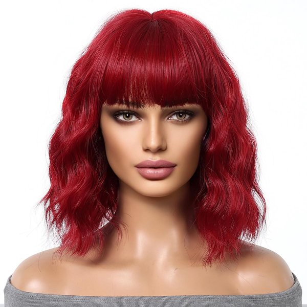 MAGQOO Wine Red Wigs for Women Burgundy Bob Wigs with Bangs Shoulder Length Curly Wavy Dark Red Wigs for Girls Costume Cosplay Halloween Wigs with Wig Cap