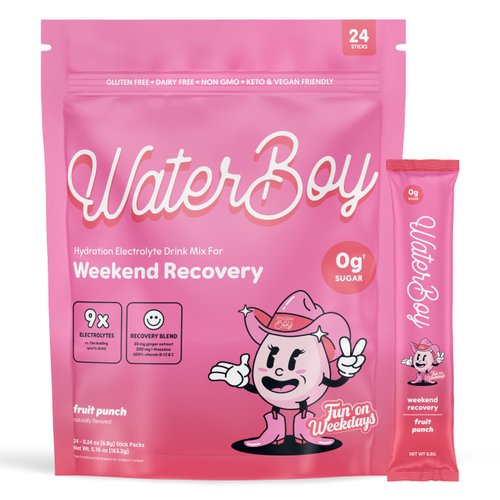 Waterboy Weekend Recovery x FOW | 3,200mg Electrolyte Powder Packets | Ginger + L-Theanine + Vitamins | No Sugar, All Natural, Gluten Free | 24 Drink Stick Mixes (Fruit Punch)