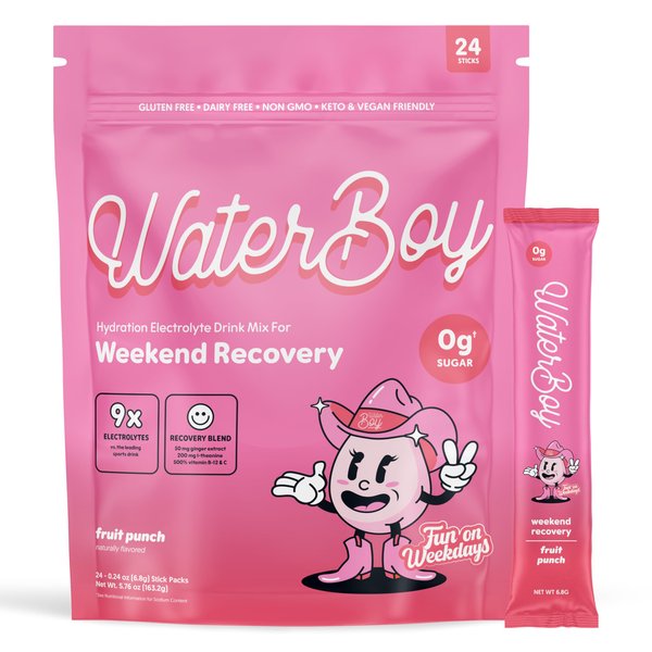 Waterboy Weekend Recovery x FOW | 3,200mg Electrolyte Powder Packets | Ginger + L-Theanine + Vitamins | No Sugar, All Natural, Gluten Free | 24 Drink Stick Mixes (Fruit Punch)