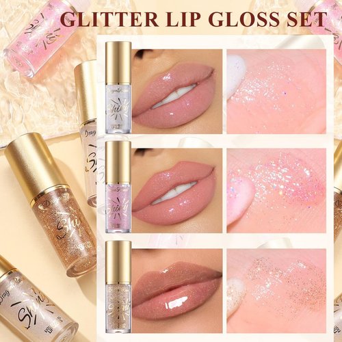 Hulyfw 3Pcs Glitter Lip Oil,Moisturizing Lip Glow Oil Big Brush Head Long Lasting Hydrating Shimmery Transparent,Glass Lip Glow Oil Non-sticky Shiny Primer Plumping Lip Gloss