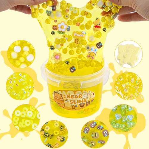LAWOHO Bear Clear Slime 300ml, Yellow Clear Slime Kit for Girls Ages 8-12 with 9 Packs Slime Add-Ins, Slime for Kids Party Favors, Non Stick Slime Clay Toys Birthday Halloween Christmas Easter Gifts