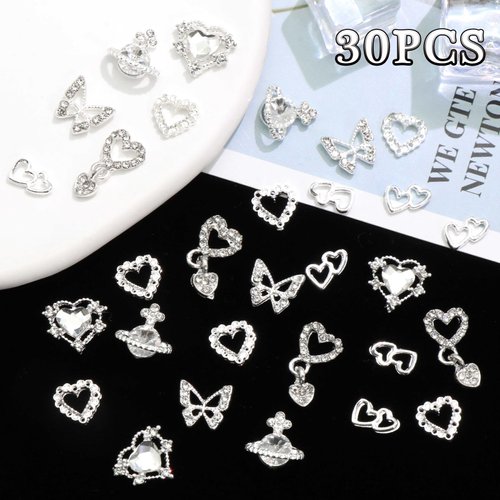 RODAKY 30PCS Planet Nail Charms 3D Silver Butterfly Nail Art Charms Rhinestone Dangle Heart Nail Gems Saturn Planet Charms for Nails Glitter Multi Style Nail Decoration for Manicure DIY