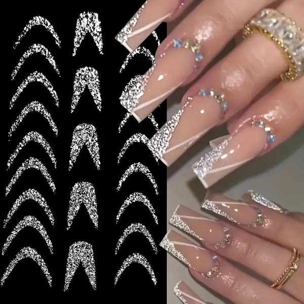 French Tip Nail Art Stickers 3D French Stripe Line Nail Stickers Silver Sparkly Heart Star Butterfly Swirls Design Self-Adhesive Nail Art Decals Supplies for Women DIY Manicure Nail Art Decorations