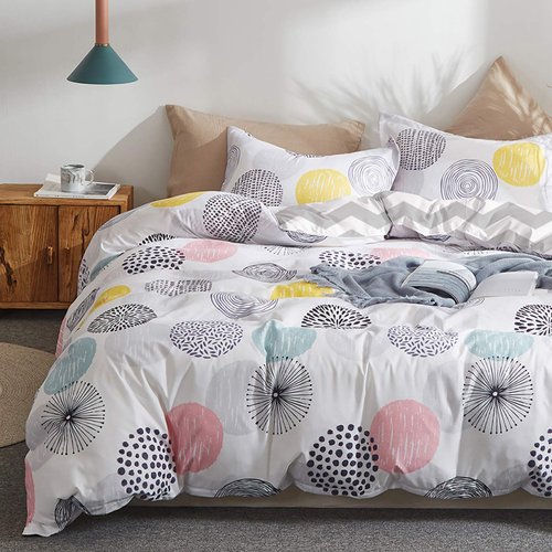 3 Piece Duvet Cover Set Queen (1 All Season Design Summer Duvet Cover + 2 Pillow Shams) with Colorful Dots, 800 - TC Comforter Cover with Zipper Closure, 4 Corner Ties - Pink Gray Yellow Circles