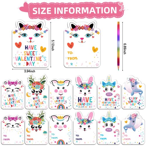 Valentine's Day Greeting Cards with Rainbow Pencils for Kids Classroom, 28 Rainbow Pencils with Cute Animal Exchange Cards, Valentine Party Favors for School Valentines Day Gifts