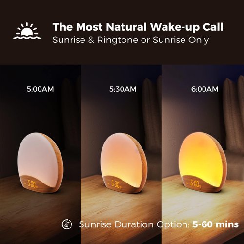 REACHER Wood Grain Sunrise Alarm Clock and Sound Machine Nightlight, Digital Dimmable Clock for Bedroom, 26 Sleep Sounds, White Noise Machine for Baby, Adults, Wake Up Light Alarm Clock for Kids