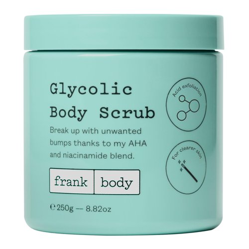 frank Body Glycolic Body Scrub | Vegan, Cruelty Free, Exfoliating Body Scrub | Helps to Fight Breakouts and Soothes Skin & Marks with AHA, Pumice, Witch Hazel, and Niacinamide | 8.82 oz / 250 g