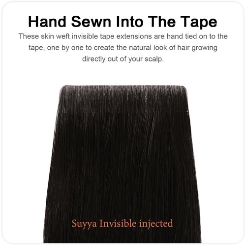 SUYYA Invisible Tape in Hair Extensions Human Hair Natural Black Seamless Injected Hand-Tied Pro Quality Virgin Human Hair 20PCS 40G/Pack Straight Tape Ins(14 inch #1B Off Black)