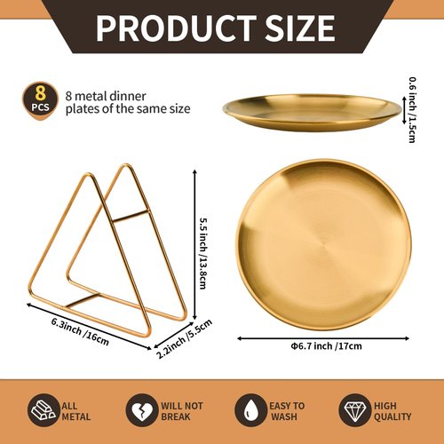 No Name No Seal 8-piece 6.5-inch appetizer plate with stand set Gold silver stainless steel round plates Suitable for cakes desserts, salads, dips, snacks, side dishes (Gold, 6.5inch)