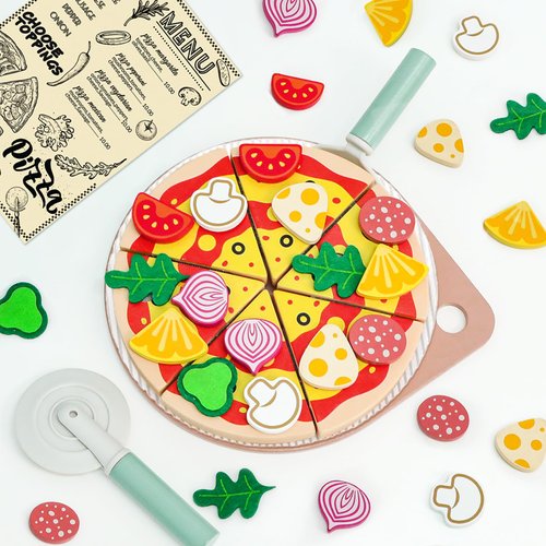 Masonbaby Wooden Pizza Toy Cutting Play Food，26Pcs Pizza Toys for Kids Ages 3-5，Kids Pizza Playset Pretend Play Kitchen Accessories，Play Pizza Set for Kids Wood Cooking Toys Birthday