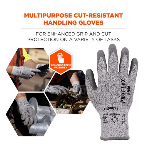 Ergodyne ProFlex 7030 Cut Resistant Work Gloves, ANSI A3, PU Coated Palms for Flexible No Slip Grip, Abrasion Resistant, 13g, Gray, Medium