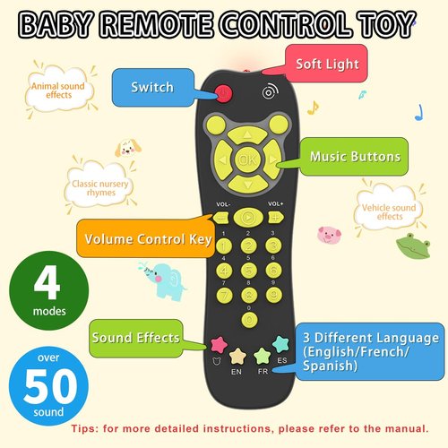 Toy Phone Baby Remote Control Toy Set, Play Phones TV Remote Control with Music Light for 6+ Months, Early Learning Baby Toys Gift for 1 Year Old Boys Girls Kids Toddler Infant, English/Spanish, Black