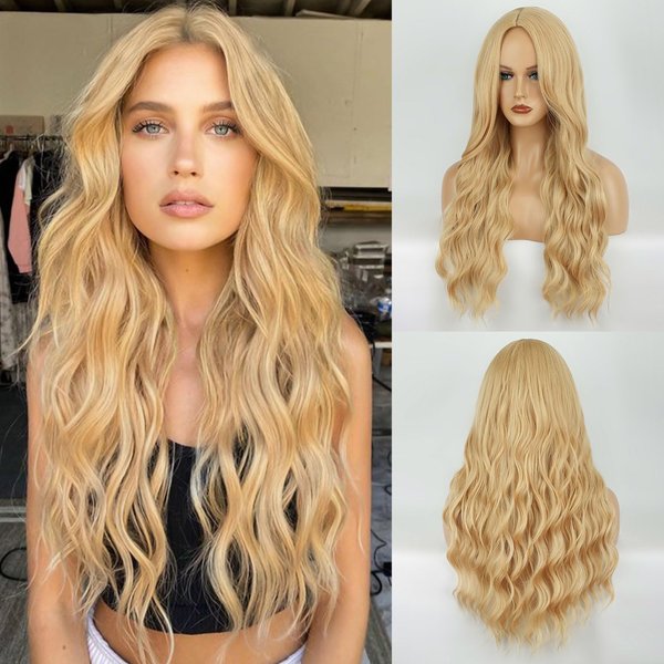 HANYUDIE Blonde Wig Long Wavy Wig For Women Middle Part Long Blonde Wigs Synthetic Heat Resistant Party Wigs (Golden Blonde)