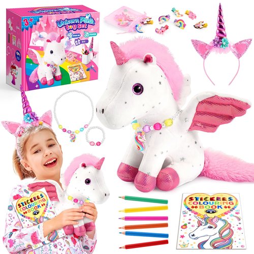 Unicorn Toys for Girls Ages 2-4 4-6 5-7 with Unicorn Stuffed Animal DIY Coloring Book for Kids Toddler,Cute Girl Toys with Unicorn Headband Jewelry Hair Clip,Fun Baby Girl Gifts for Birthday Christmas