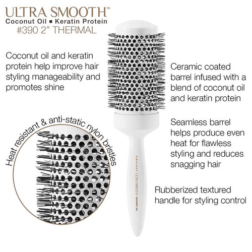 Cricket Ultra Smooth Coconut 2” Thermal Ceramic Barrel Hair Brush Anti-Static Heat-Resistant Hairbrush for Blow Drying, Curling and Styling All Hair Type White