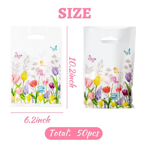 3sscha 50Pcs Spring Floral Tulip Party Favor Bag - Springtime Flower Plastic Waterproof Goodie Bag Bloom Butterfly Rectangular Gift Bags for Kids Birthday Baby Shower Decoration Party Supplies