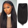 FANCEE Kinky Straight Clip in Hair Extensions for Black Women Full Head Yaki Straight Clip Ins Synthetic Hair Extensions (18 inch, Black)