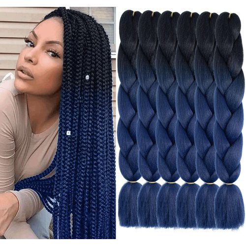 Xtrend 6Pcs 24 Inch Ombre Jumbo Braiding Hair 2 Tone Afro Braiding Hair Extensions 24 Inch Synthetic Hair for Braiding 100g/pc (5 Pieces, Black/Dark Blue#)