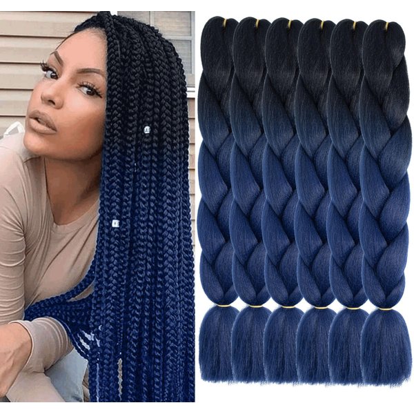 Xtrend 6Pcs 24 Inch Ombre Jumbo Braiding Hair 2 Tone Afro Braiding Hair Extensions 24 Inch Synthetic Hair for Braiding 100g/pc (5 Pieces, Black/Dark Blue#)