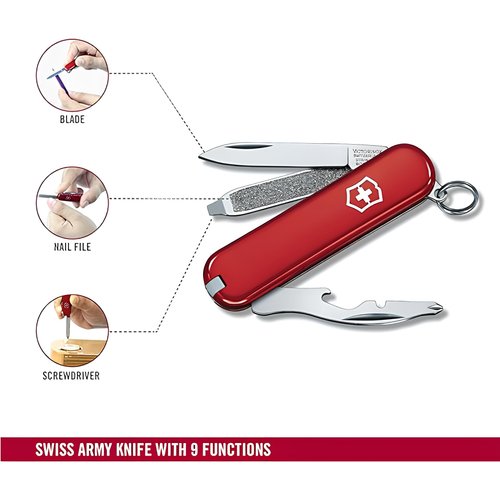 Victorinox Rally Swiss Army Knife, Compact 9 Function Swiss Made Pocket Knife with Magnetic Phillips Screwdriver, Bottle Opener and Key Ring – Red