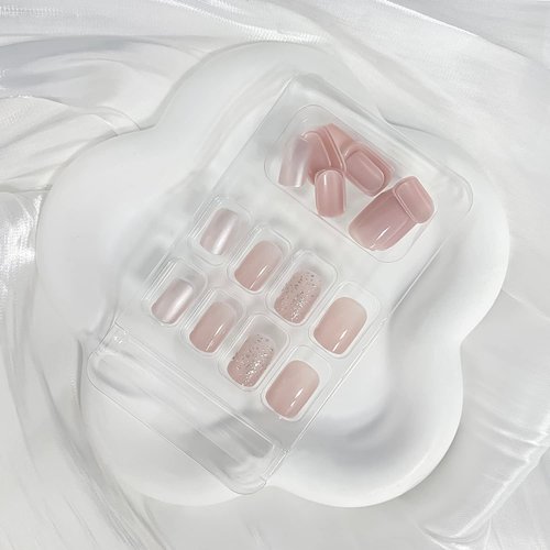 24 Pcs Nude Pink Press on Nails Short Fake Nails Square Glitter Designs False Nails with Glossy Acrylic Stick on Nails Spring Summer Full Cover Nails for Women Girls