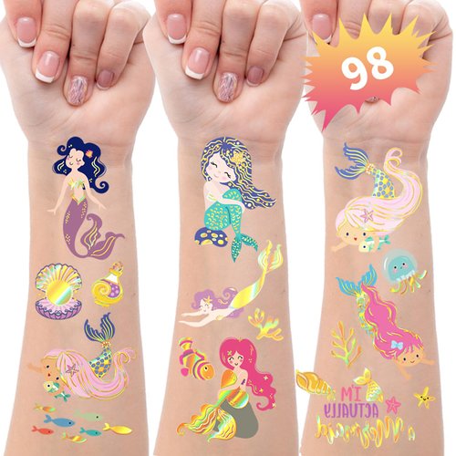 SUNAI Under The Sea Mermaid Temporary Tattoos - 98Pcs Gold Foil Style - Perfect for Mermaid Birthday Decorations, Favors, Supplies, Gifts Goodie Bag Fillers, 8 Sheets