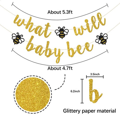 INNORU What Will Baby Bee Banner, Bumble Bee Theme Baby Shower Party Decorations, Mommy to Bee Daddy to Bee Party, Bee Boy or Girl Party Decorations, Gold Glitter