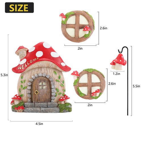 Jauay Miniature Fairy Garden Accessories Mushroom Fairy Door and Windows for Trees, Glow in The Dark Yard Garden Sculpture Lawn Ornament Outdoor Decor Accessories with Fairy Lantern
