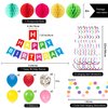 Happy Birthday Banner, Rainbow Birthday Banner for Happy Birthday Party Decorations, 15 Rainbow Confetti Balloons, 5 Honeycomb Balls, 8 Hanging Swirl Streamers and Circle Dots Hanging Decorations