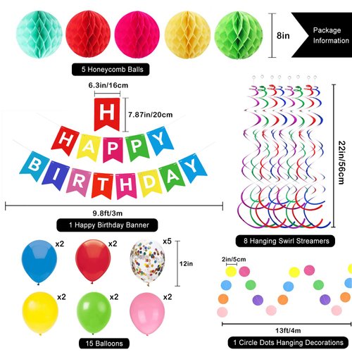 Happy Birthday Banner, Rainbow Birthday Banner for Happy Birthday Party Decorations, 15 Rainbow Confetti Balloons, 5 Honeycomb Balls, 8 Hanging Swirl Streamers and Circle Dots Hanging Decorations