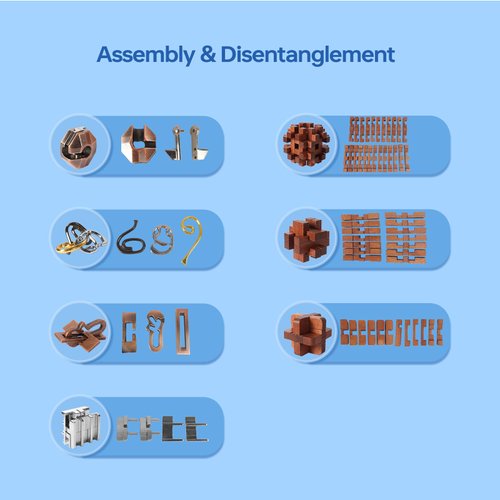 CUDNY 7 Pieces Cool Unlock Interlock Brain Teaser Puzzles Retro Wooden and Metal Puzzles IQ Logic Fun Puzzle Box Challenge Game