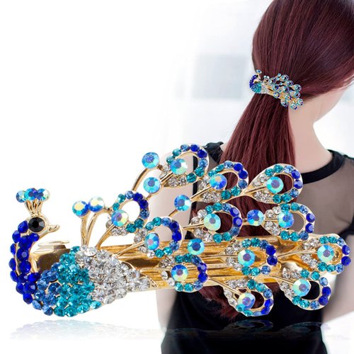 Yusier Peacock Rhinestone Hair Clip Decorative Hair Clips for Women Color Diamond Metal Hair Clip Women's Prom Hair Accessories Spring Clip Peacock Animal Shape Side Hairpin (Blue)