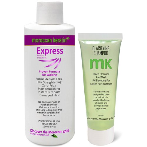 Moroccan Keratin Express Formaldehyde-Free Brazilian Keratin Hair Treatment Kit Blowout Straightening No Wait Formula Natural Organic Results with Clarifying Shampoo Keratina Para Alisar El Pelo