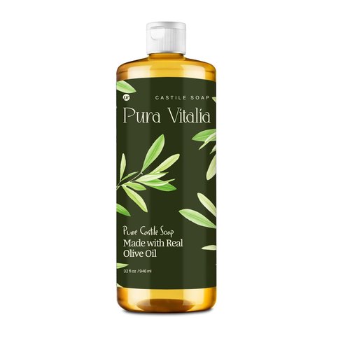 Pura Vitalia Unscented Pure Castile Soap Liquid with Olive Oil & Essential Oils; for Face Wash, Hand, Body, Laundry, and Beyond, Eco-friendly & fully Biodegradable Organic Castile Soap, 32 fl oz.