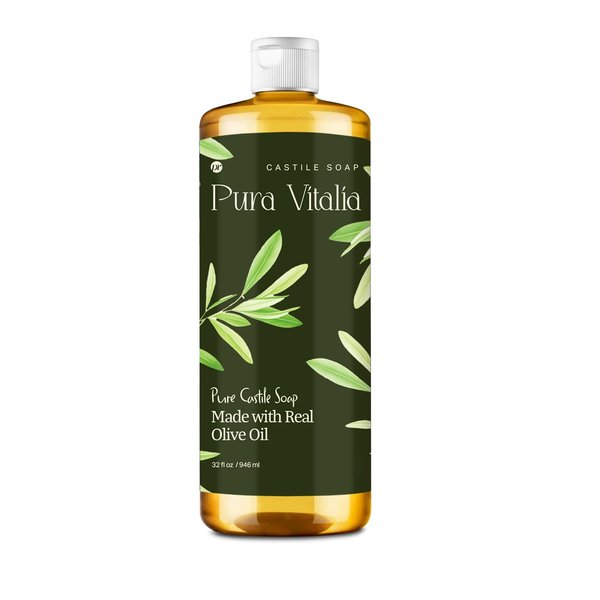 Pura Vitalia Unscented Pure Castile Soap Liquid with Olive Oil & Essential Oils; for Face Wash, Hand, Body, Laundry, and Beyond, Eco-friendly & fully Biodegradable Organic Castile Soap, 32 fl oz.