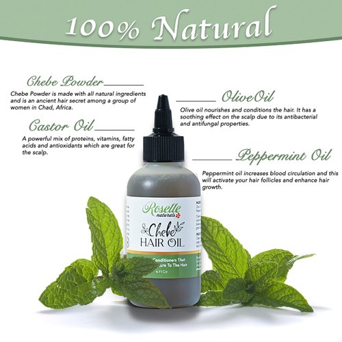 Roselle Naturals Chebe Hair Oil Made with Authentic Chebe Powder from Chad – African Chebe Oil for Hair Growth, Itchy Scalp Relief, fights dryness and breakage – 4 ounces…