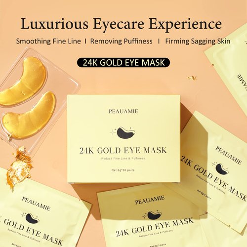 PEAUAMIE Under Eye Patchs (30 Pairs) 24k Gold Eye Mask and Hyaluronic Acid Eye Patch and Rose Eye Masks for Dark Circles and Puffiness Wrinkle Eye Bags (24k Gold)