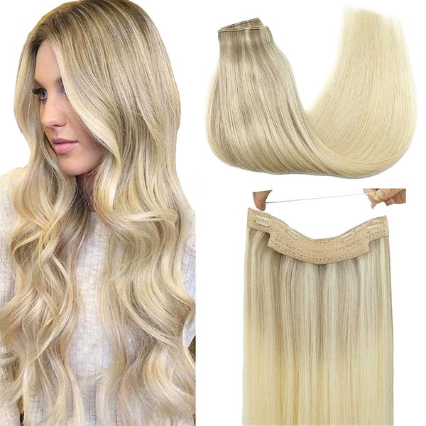 GOO GOO Wire Hair Extensions Human Hair, 17/22/60 Ash Blonde with Golden Blonde and Platinum Blonde Balayage 12inch 70g, Invisible Wire Hair Extensions with Transparent, Seamless Fish Line Hairpiece