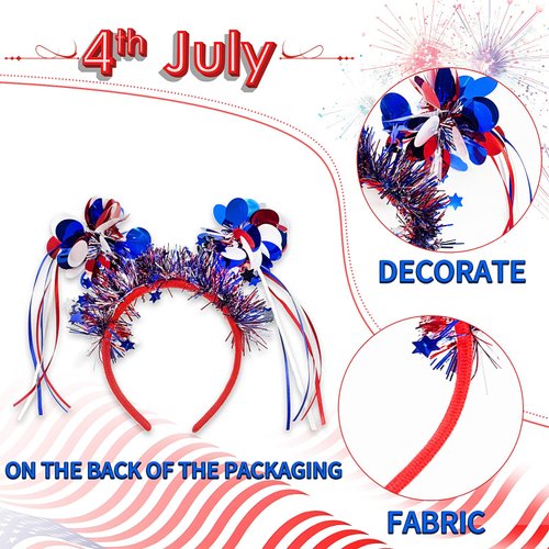 Doneace Patriotic Pom Pom Headband, 4th of July Independence Day Parade Party Headbands, Blue Red White American Flag Star Design Ribbon Hair Band, Fluffy Ball Hair Band for Women Girls Kids