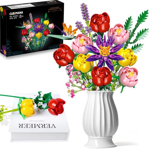 CUBIMANA Flowers Bouquet Building Set - Rose Flower Botanical Building Blocks Toy, Valentines Mothers Day Birthdays Gifts, Artificial Flowers Home Office Decor, Gifts for Adults Kids Girls Ages 8+