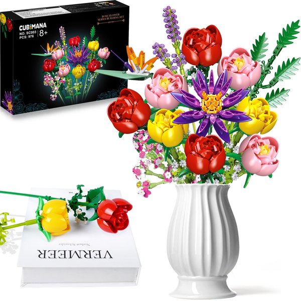 CUBIMANA Flowers Bouquet Building Set - Rose Flower Botanical Building Blocks Toy, Valentines Mothers Day Birthdays Gifts, Artificial Flowers Home Office Decor, Gifts for Adults Kids Girls Ages 8+