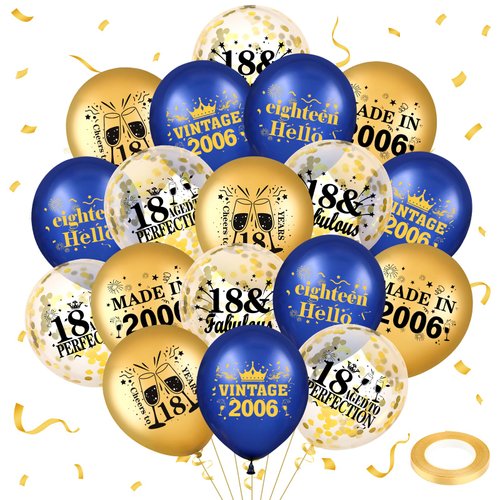 Blue Gold 18th Birthday Balloons for Boys Girls 18Pcs Navy Blue Vintage 2006 Balloons Vintage 18th Birthday Confetti Latex Balloons for Boys Girls 18th Birthday Party Decorations Supplies 12 inch