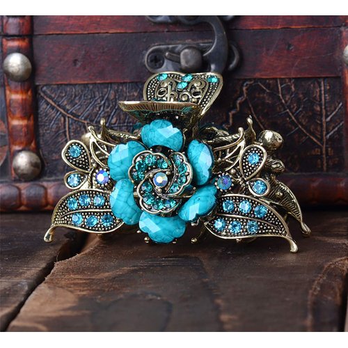 Fodattm Women Lady Retro Rose Flower Imitation Turquoise Hair Claw Clip Vintage Alloy Rhinestone Non-Slip Hair Jaw Clips Hairpin Hair Clamp (Blue)